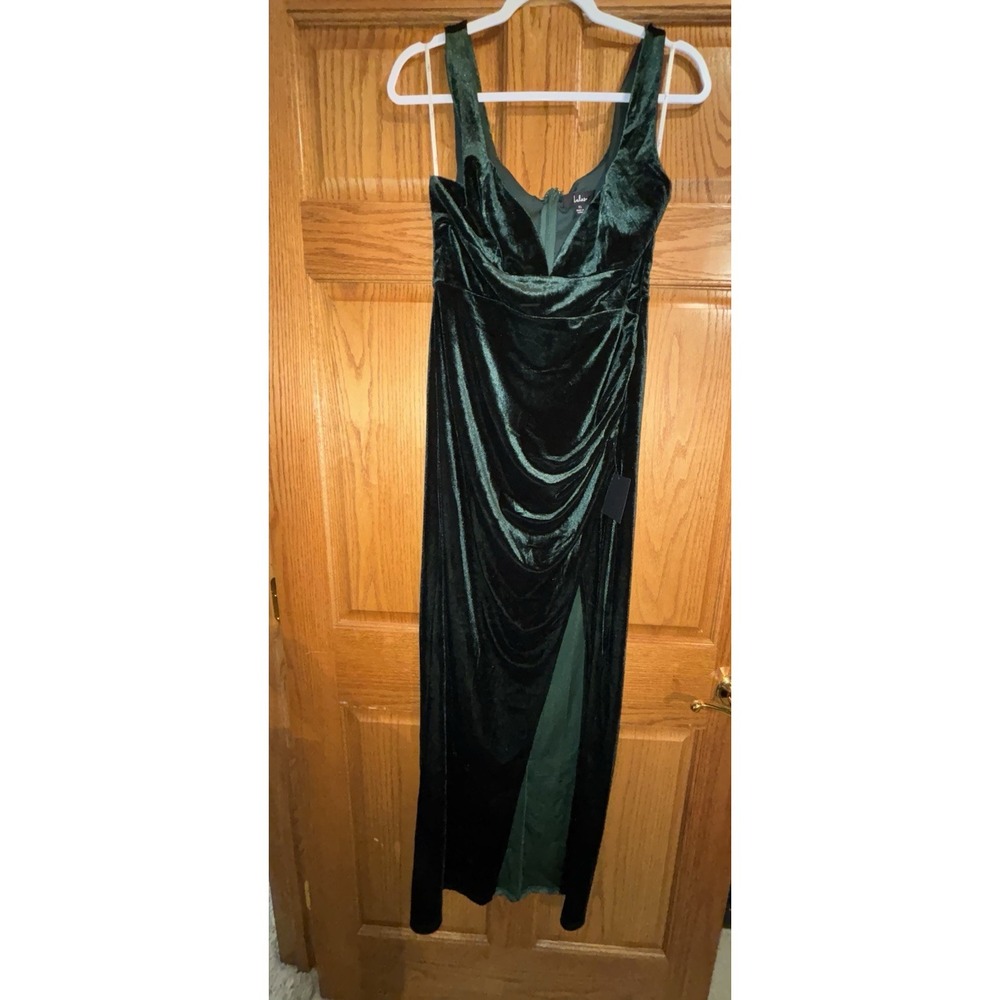 Timeless Radiance Emerald Green Velvet Lace-Up Maxi Dress Size X-Large